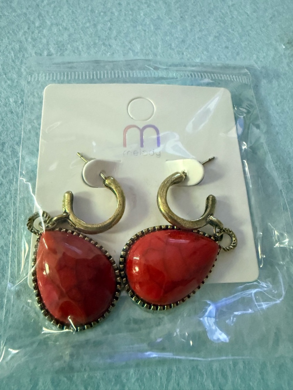 Coral Teardrop Hoop Earrings - Gold Accent